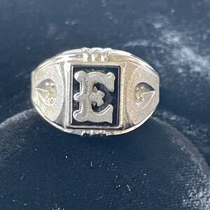Sterling Signed Mens Onyx Signet Ring Initial E Size 10.